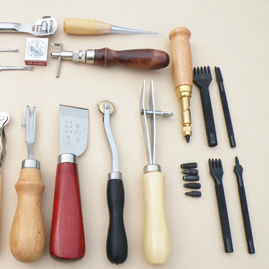 

18PCS/Set Leather Craft Punch Tools Kit Stitching Carving Working Sewing Saddle Groover Leathercraft Accessories
