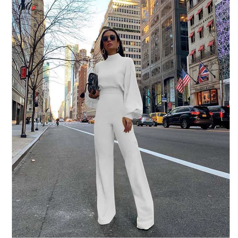 High Street Boot Cut Spring and summer new half-high collar lantern sleeves simple and elegant OL wind jumpsuit fashion temperam