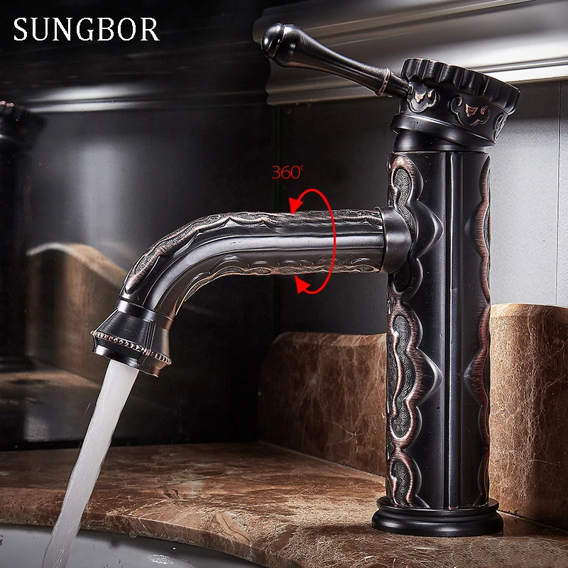 

Basin faucet copper europe retro hot and cold can rotate 360 degrees black antique faucet washbasin counter basin faucet AL-7230