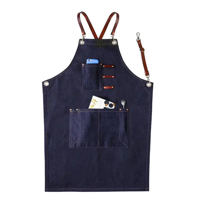 High Quality Denim Work Aprons PU Leather Strap Gray Apron Barista
