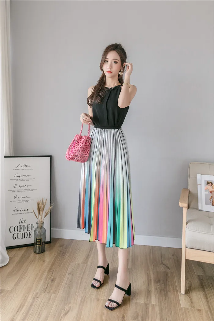 ATKULLQZ high quality factory direct spring summer clothes new rainbow skirt long skirt big swing woman skirt with lining