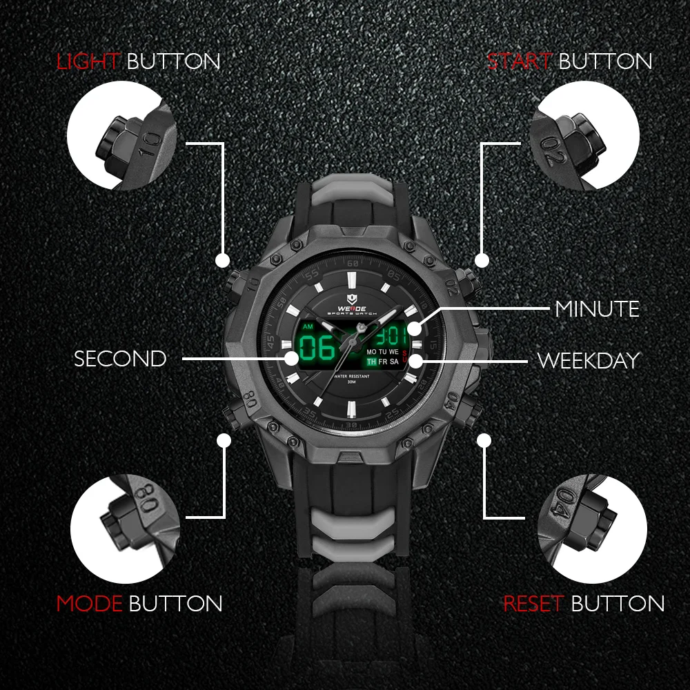 WEIDE Military Quartz Digital Men Sport Back Light Alarm Auto Date Black Strap Clock Wristwatch Rel