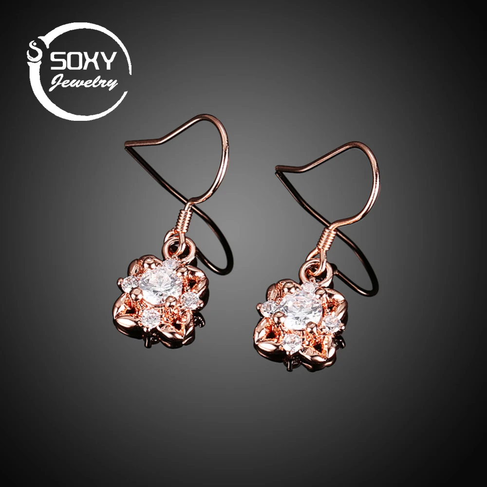 SOXY Rose Gold Long Dangle Earrings For Woman vintage Flower Shaped