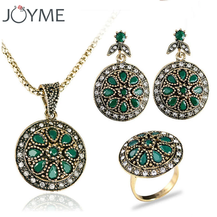 

Joyme Brand Turkey Women Bridal Wedding Jewelry Sets Retro Gold-Color Round Green Charm Crystal Ring Necklaces Earrings Sets New