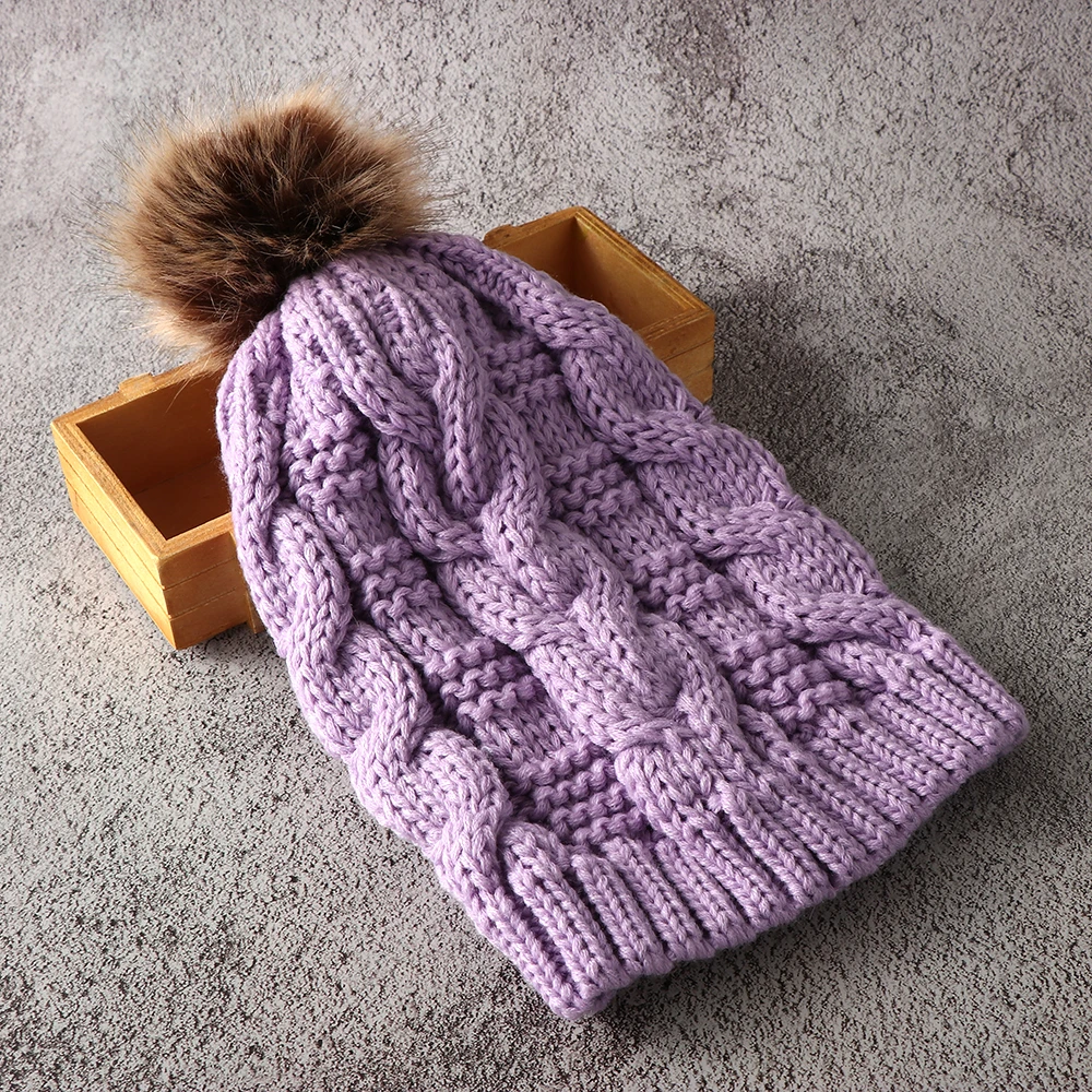 

Elegant Purple Fur PomPom Ball Crochet Beret Beanie Hat Women Slouchy Baggy Knit Skullies Stylish Cap Winter Warm Ski Snow Hat