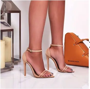 

2019 women's shoes summer buckle strap open toe sandals lady pointed toe suede with stiletto high heels shoes female party pumps