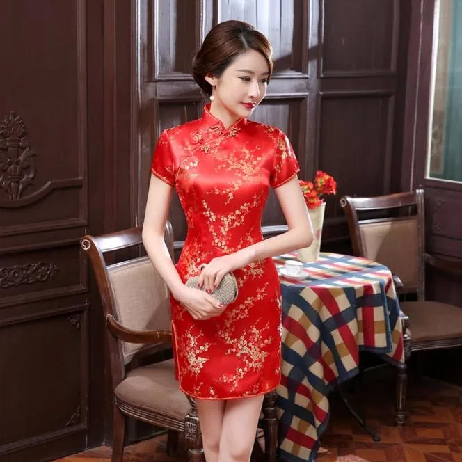 Новинка, красное китайское женское традиционное платье, шелковый атлас, Cheongsam, мини сексуальное Qipao, цветочное свадебное платье, размеры s, m, l, xl, XXL, WC022