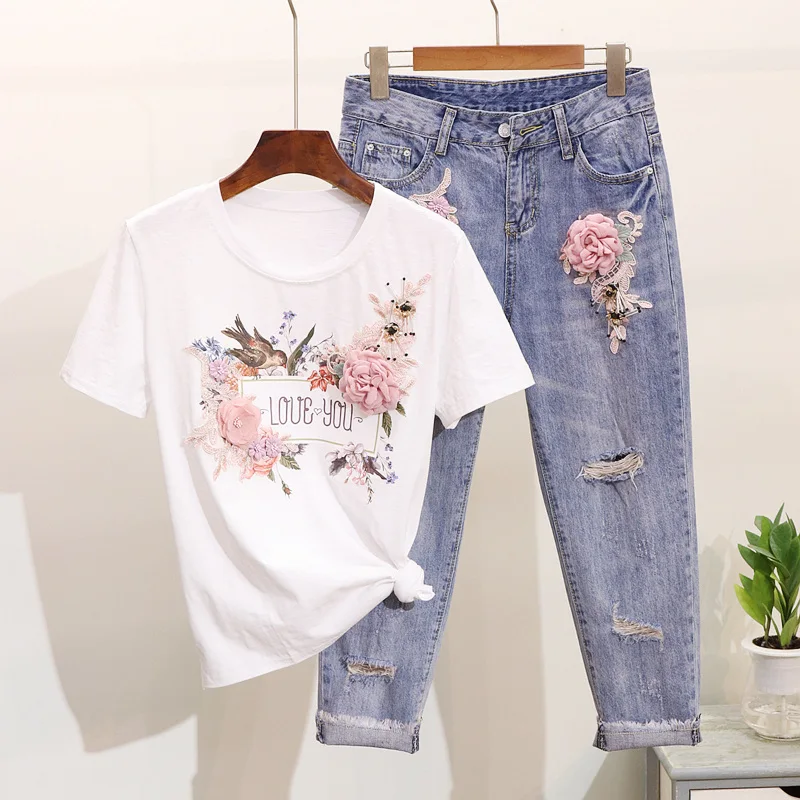 

Oshangchaopin Women Embroidery 3D Flowers T Shirts+Jeans Suit Summer Casual Short Sleeve Tops & Denim Pant 2PCS Clothing Suits