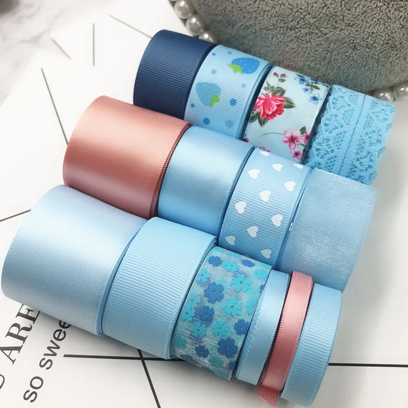 

High Quality Ribbons Mixed Blue Diy Hair Accessory Material Bow Hairpin Cotton Lace Printe Ribbon Set Free Shipping