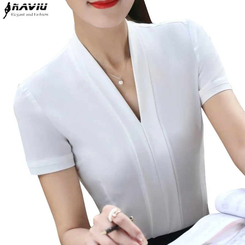 

New fashion Sexy V-Neck women white shirt OL summer formal short sleeve slim chiffon blouse office ladies plus size work tops