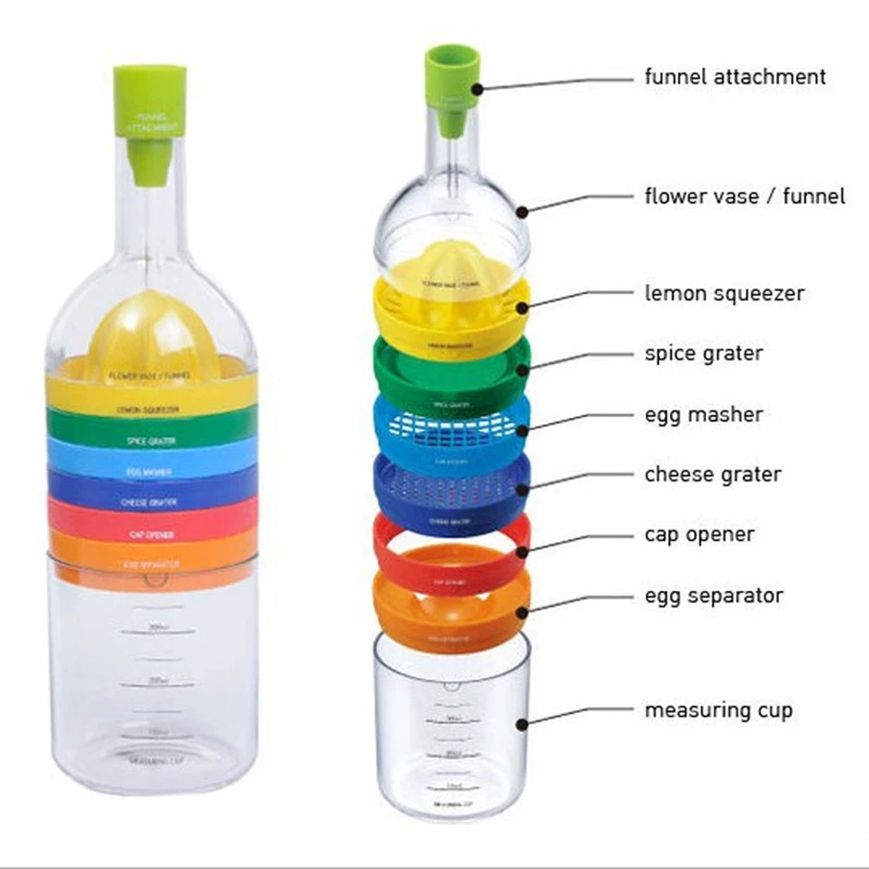 

HOT Multifunction 8 in 1 Bottle Funnel Juicer Grater Egg Cracker Shredding Opener Egg Separator Measuring Cup Cooking tools