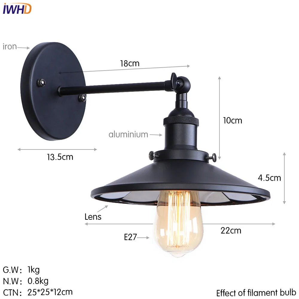 Ретро iwhd черные Настенные светильники для ванной комнаты, гостиной, регулируемые руки, антикварные винтажные настенные бра, светодиодный Эдисон рядом с лампой - Цвет абажура: black