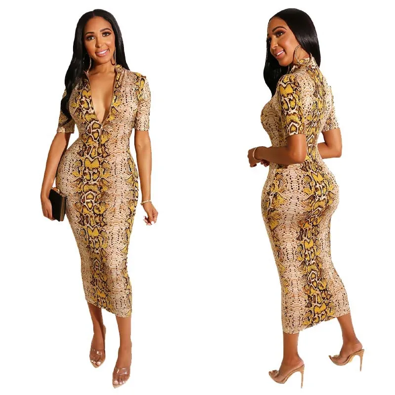 

Fashion Snake Print Bag Hip Dress Crop Top Women Summer Dress Short Sleeve Sexy Deep V-neck Tight Bodycon Evening Party Vestidos