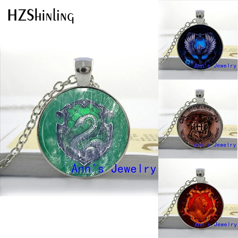 

HZShinling Hogwarts Crest Pendant Necklace Hogwarts Gryffindor Slytherin Ravenclaw Jewelry HP Glass Photo Cabochon Necklace HZ1