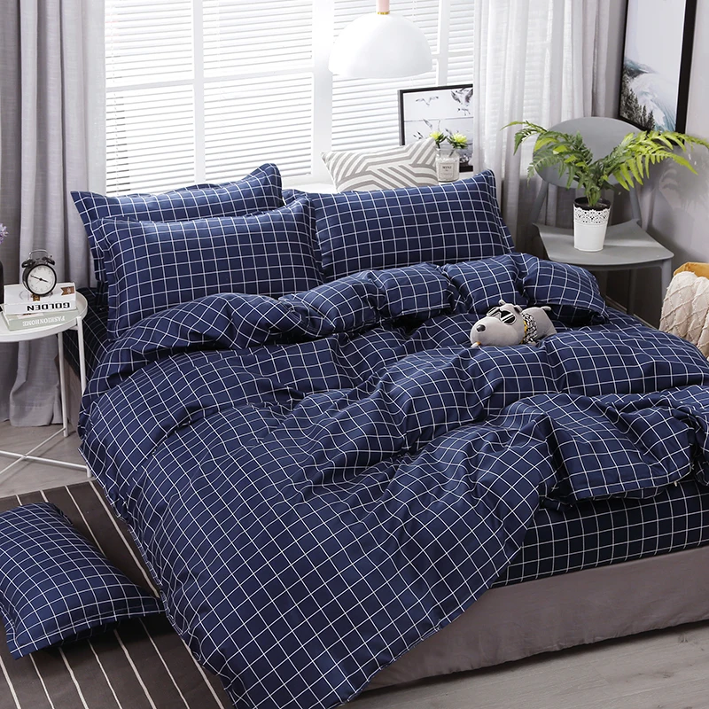 

High Quality Checkered Dark Blue Style Bedding Set Bed Linings Duvet Cover Bed Sheet Pillowcases Cover Set 4pcs/set48