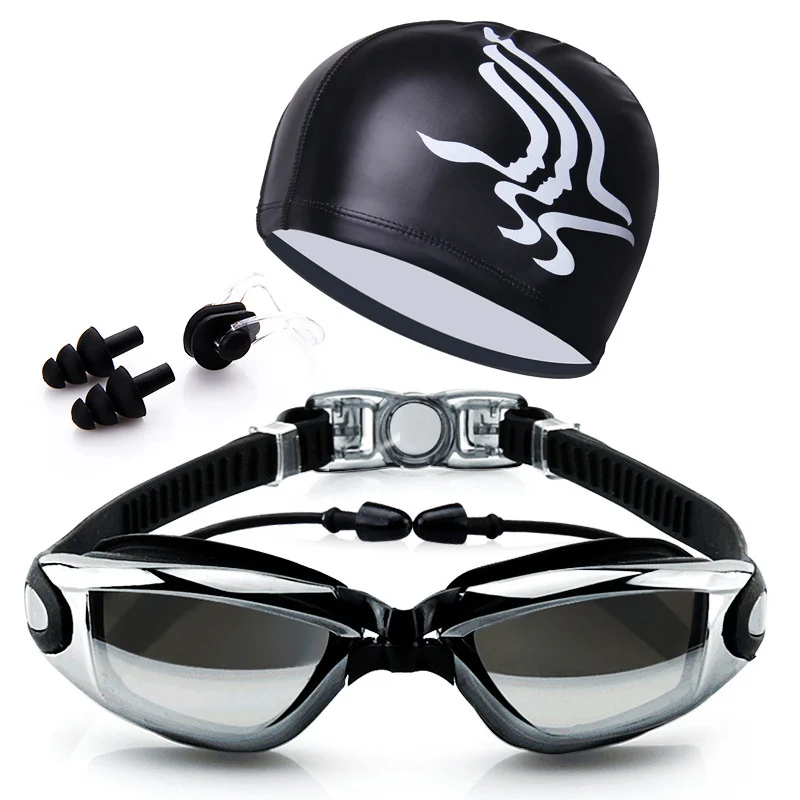 Очки для плавания с шапкой и ушками, с зажимом для носа, водонепроницаемые очки для плавания, противотуманные, профессиональные спортивные очки для плавания, костюм - Цвет: Black