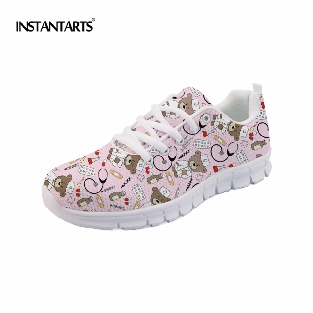 

INSTANTARTS Pink Sneakers Women Casual Flats Cute Cartoon Pediatrics Bear Doctor Nurse Pattern Lady Air Mesh Laces Up Flat Shoes