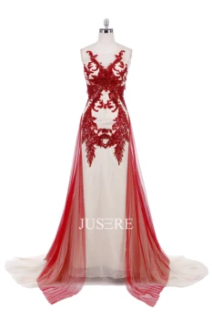 

Scoop Neckline sleeveless Red A-Line Evening Dress Beading Appliques Prom Dress with Sweep Train in Stock