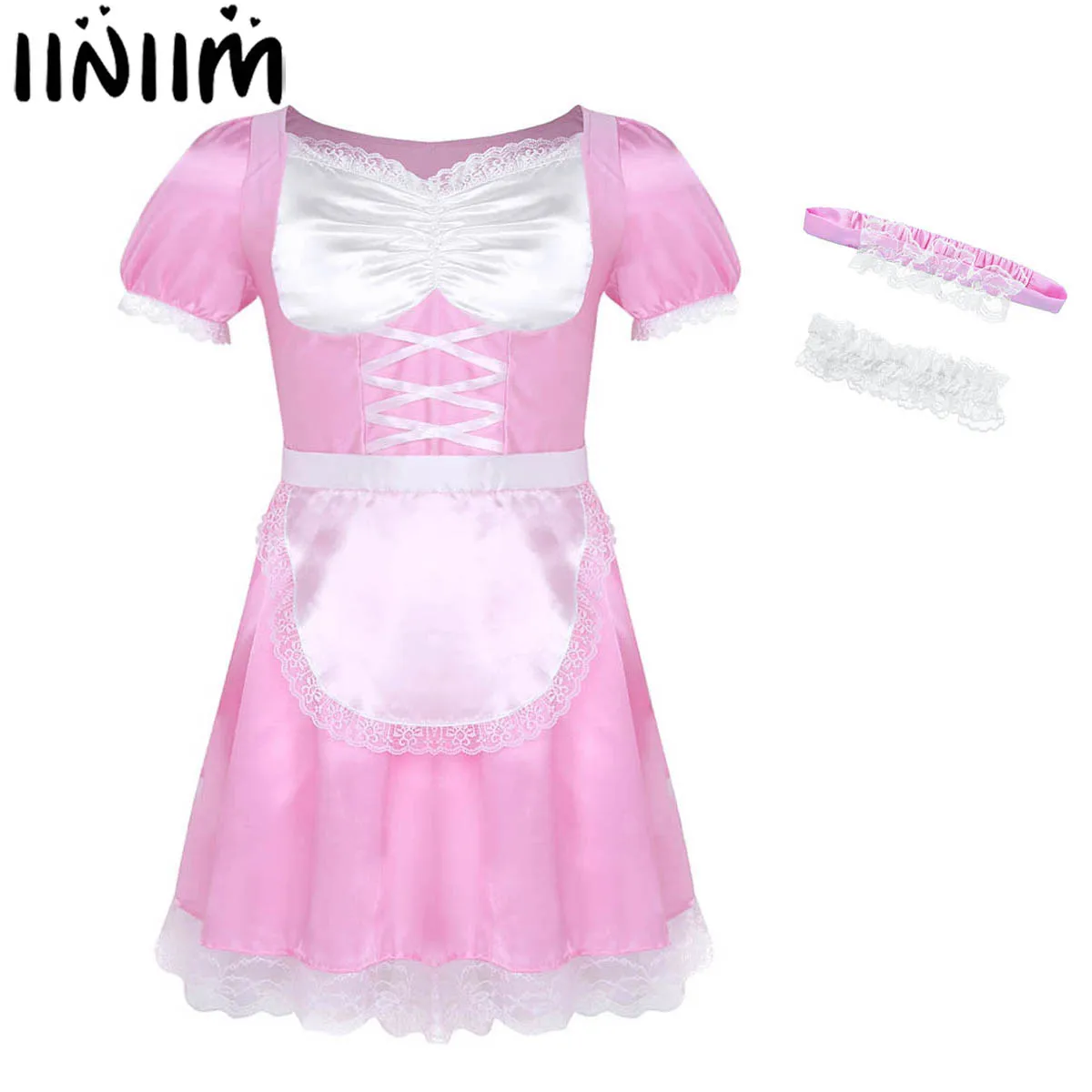 

iiniim 3Pcs Mens Sissy Maid Uniform Fancy Dress Sexy Costumes Clubwear Novelty Parties Satin Dress with Choker and Headband