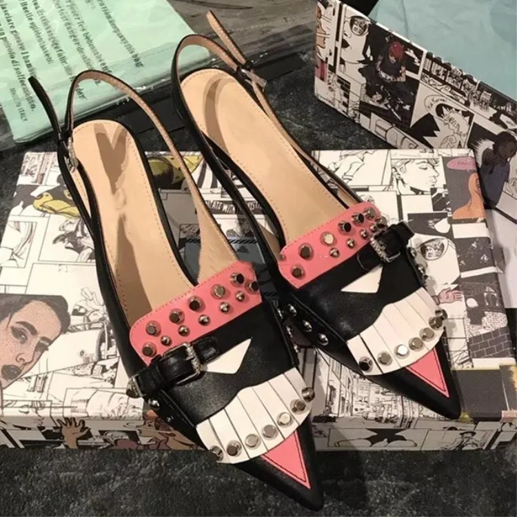 

Med Heel Woman Pumps Pointed Toe Slingback Stiletto Woman Trendy Tassel Embellished Shoes Woman Rivets Buckle Sapato Feminino