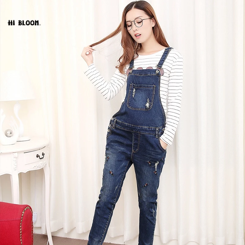 

HI BLOOM Maternity Clothing Pants Spring Autumn cotton Jeans Plus Size Overalls Pregnant Women`s Large Size Suspender Trousers