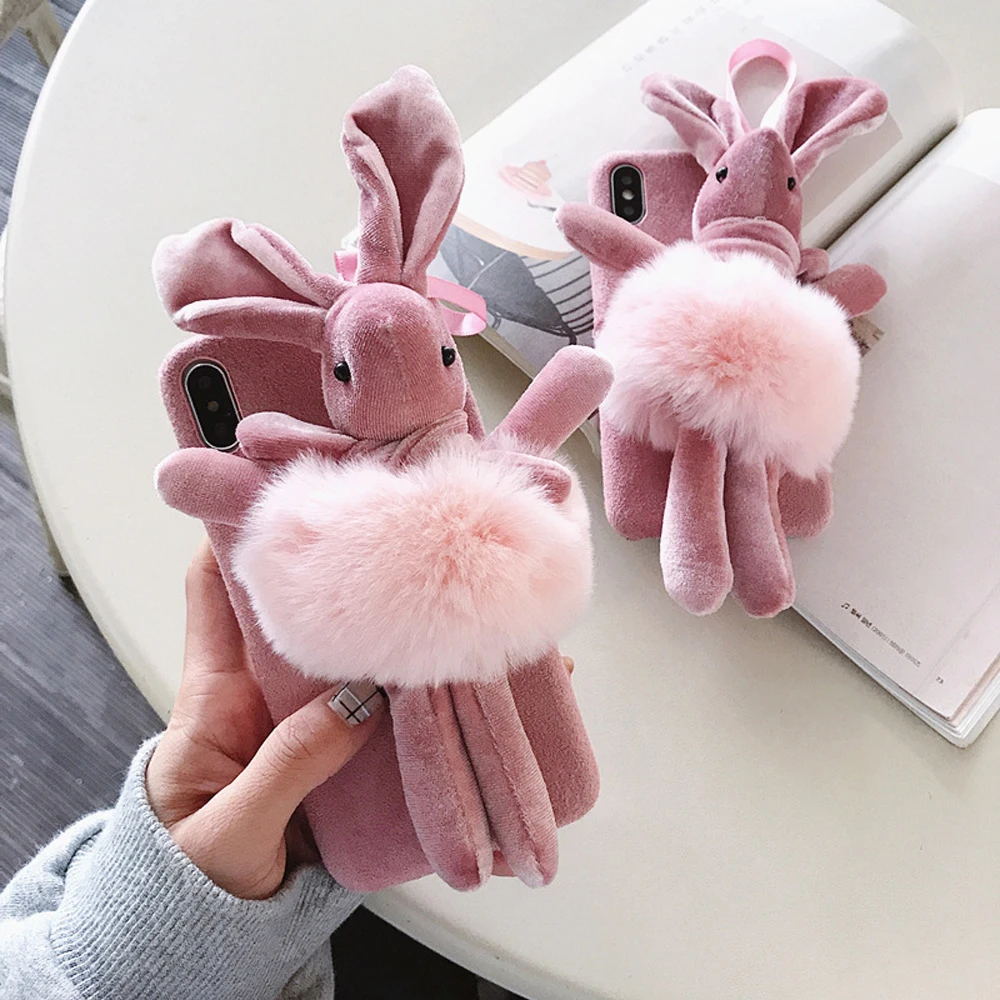 

Furry Rabbit Phone Cases For iPhone X XR Xs Max 7 8 Plus 6 6s 3D Cartoon Winter Warm Doll Shockproof Cute Back Covers Gifts DI96