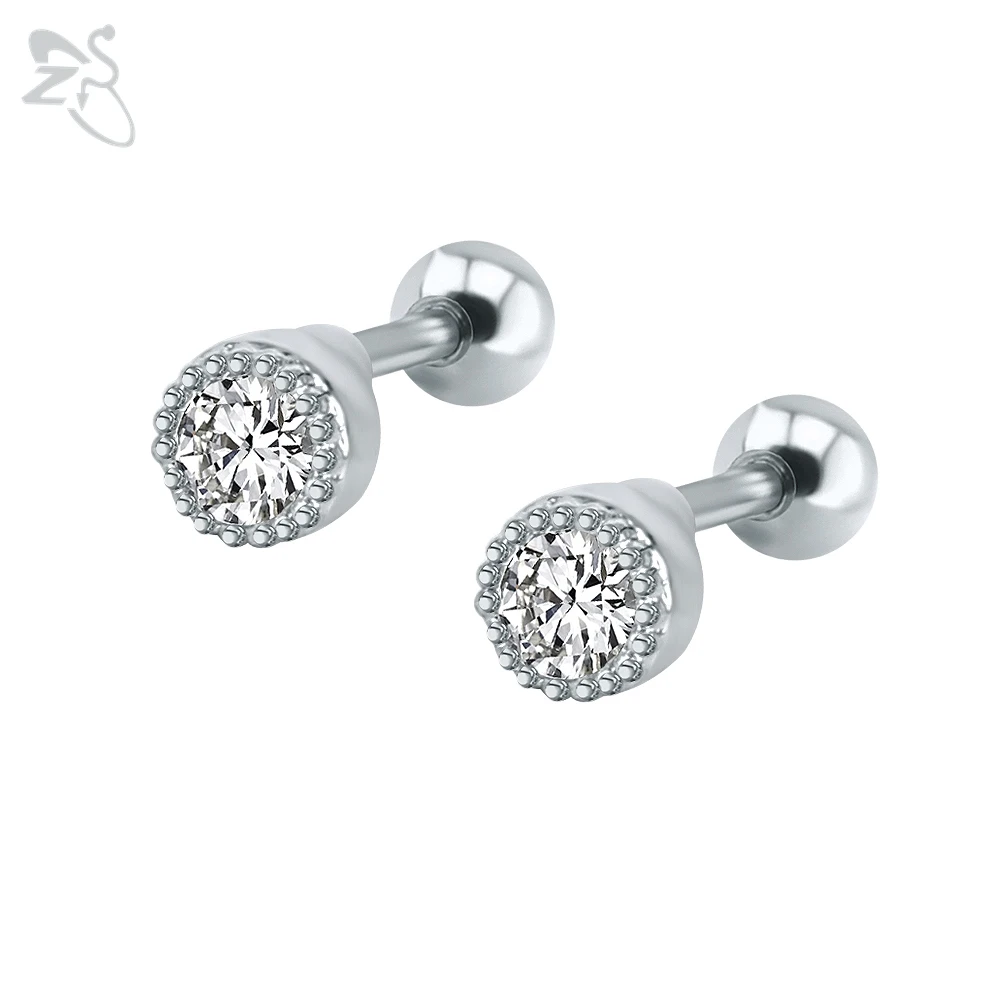 

Silver Crystal Stud Earrings Round Small With Cubic Zirconia Stone Ear Piercing Helix For Female Women's Earring Jewellry Aretes