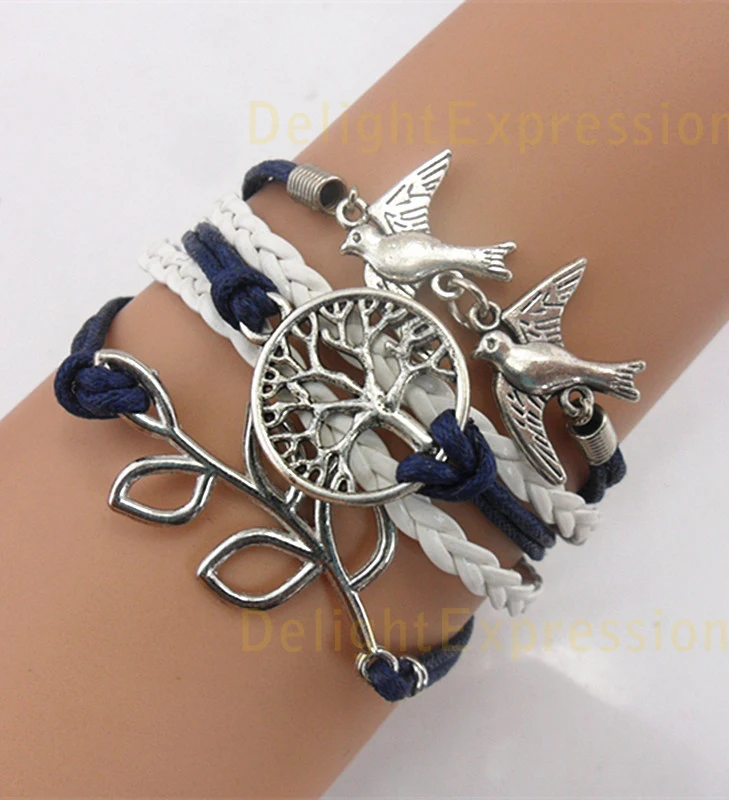 (Min Order $7) Charms Antique Silver Karma Tree for Life and Leaf Birds Rope Girl Leather Bracelet Gift Women Jewelry | Украшения и