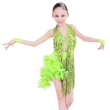 Новые поступления Сияющие Блёстки Ленточки ребенок Костюмы для латиноамериканских танцев/Salsa/Румба/Костюмы для бальных танцев производительность/конкурс платье, профессиональный этап танцевальная одежда