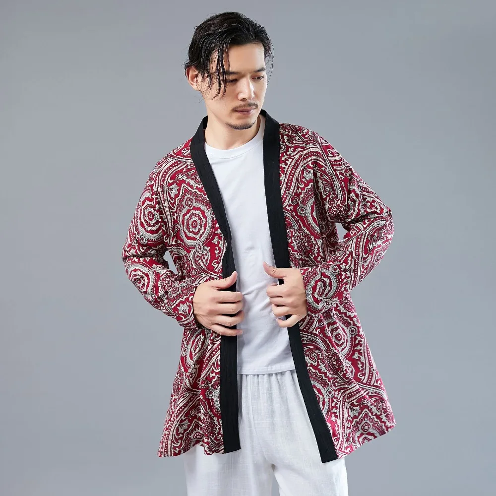 LZJN Long Sleeve Shirt Mens Summer Kimono Cardigan Casual Cotton Hanfu Contrast Color Blouse Male Open Front Trenchcoat (6)