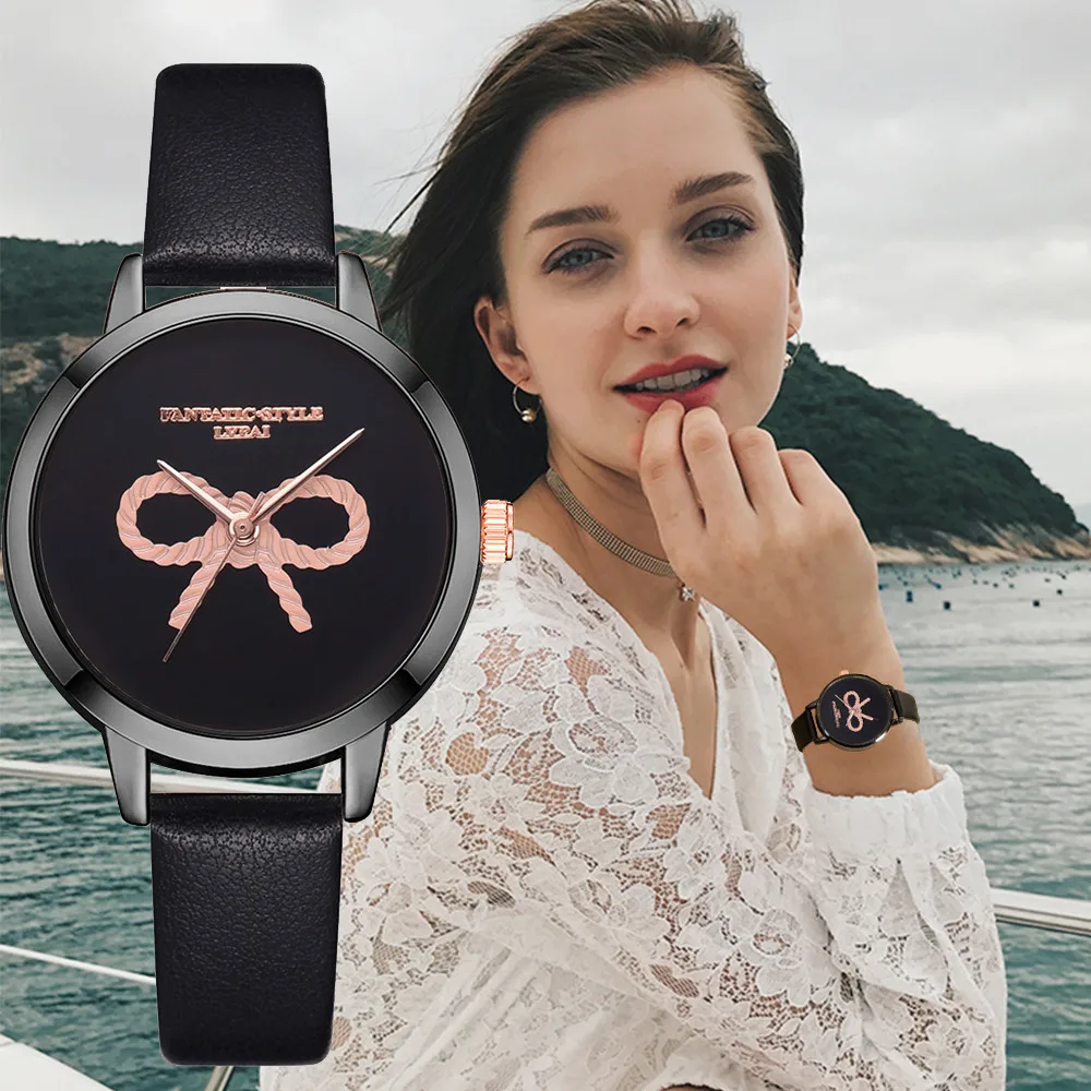 

New Women's Watches Pink Bow Pattern Disc Ladies Quartz Movement Wrist watch Business Leather Strap Clock Zegarki Damskie 2019