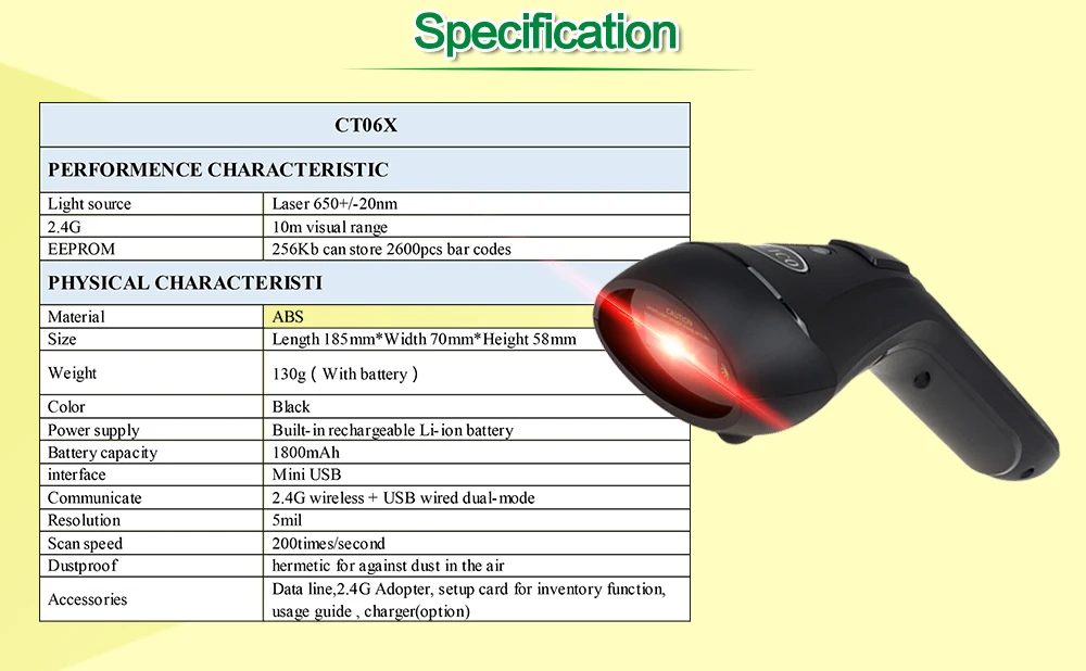 CT-60 2.4G الباركود ماسحة 1800 mAh الطاقة إطلاق أعلى سرعة CILICO المحمولة اللاسلكية/السلكية اللاسلكي ليزر USB بار قانون القارئ CT-60 2.4G الباركود ماسحة 1800 mAh الطاقة إطلاق أعلى سرعة CILICO المحمولة اللاسلكية/السلكية اللاسلكي ليزر USB بار قانون القارئ