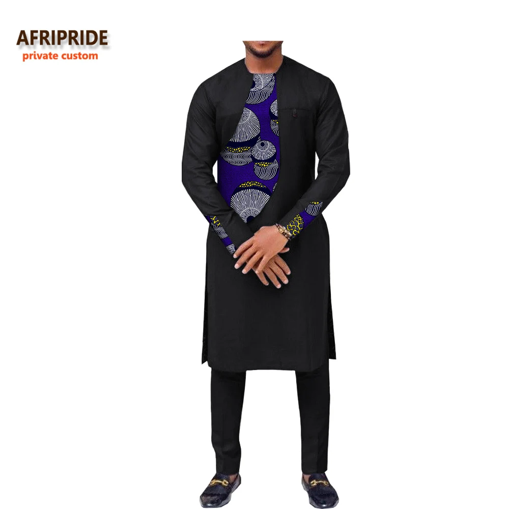 

2019 spring new african clothing men's suit AFRIPRIDE long sleeve o-neck knee-length top+ankle-length pants 100% cotton A731606