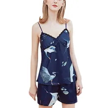 Для женщин кружево лук пижамы без рукавов с принтом Ночное атласная женское белье комплект пикантные свободная Пижама Платье комплект 40al05