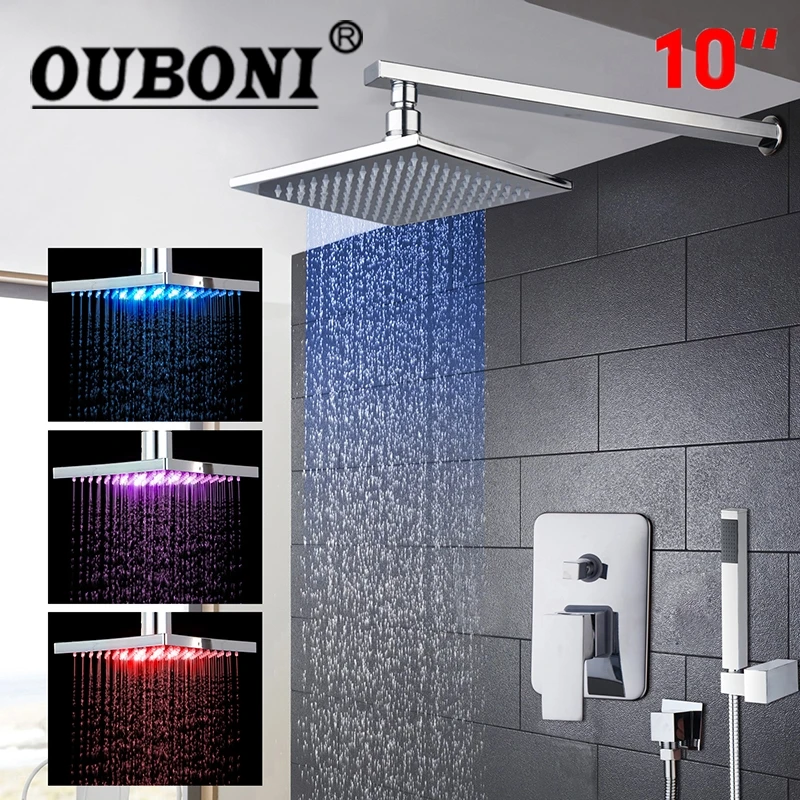

OUBONI LED 10" Head Chrome Bath Shower Mixer Faucet Sets Single Handle Rainfall Shower Set Faucets with