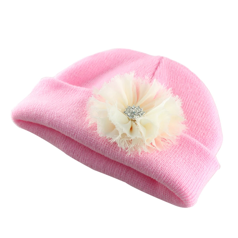 New 2017 Newborn Girl Pink Beanie with Pink Frayed Flower Nursery