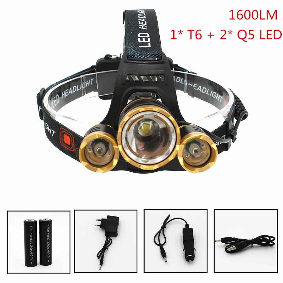 

1600LM Headlight 1 T6 + 2 Q5 LED Rechargeable Zoom Headlamp 4 Modes Headlamp Head Flashlight USB Car AC Charger + 18650 Battery