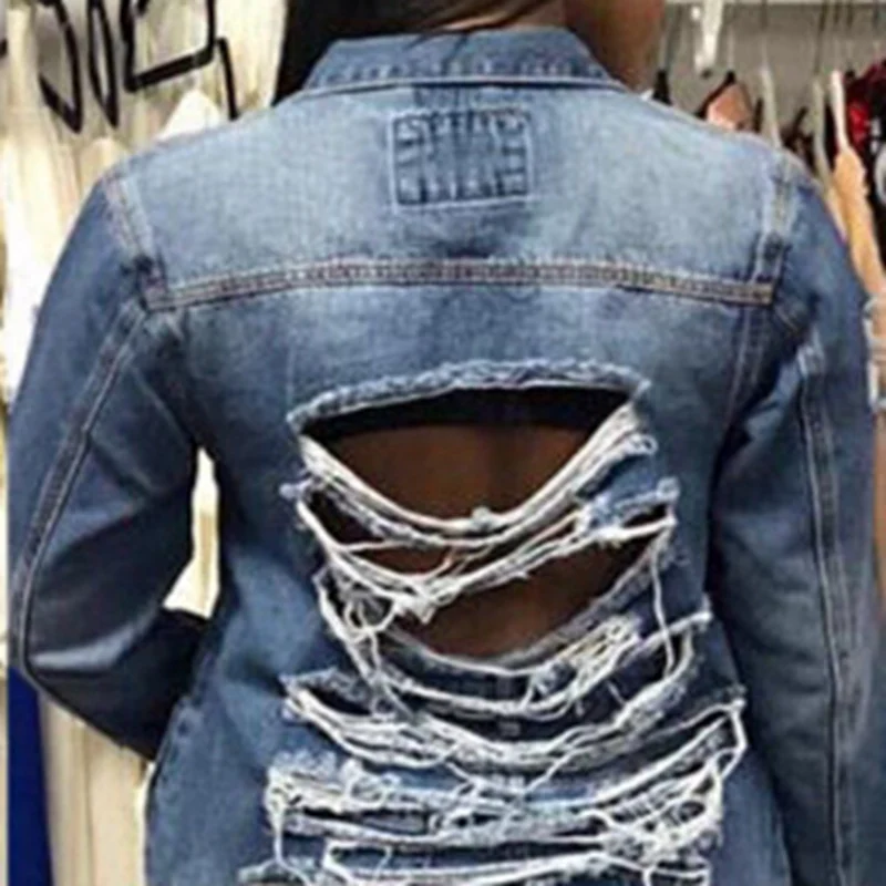 discount Girls New Fashion Casual Boyfriend Style Slim Denim Frayed Coat Long-Sleeve Hole Button Jean Spring