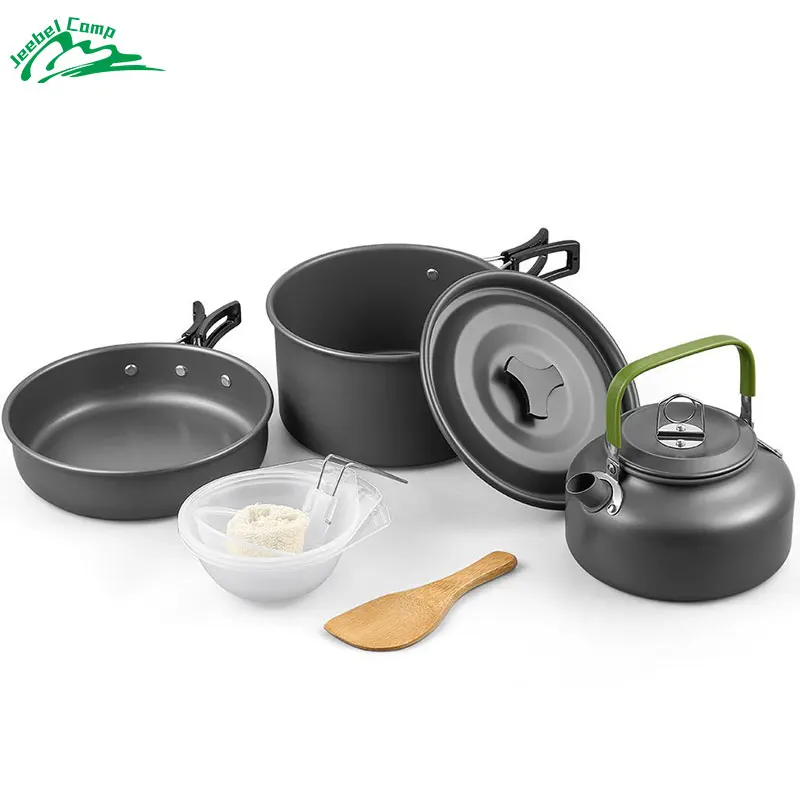 

Jeebel 10pcs Camping Cookware with Mesh Set Backpack Tableware Outdoor Pot Picnic Survival Hiking Frying Teapot Set Kettle