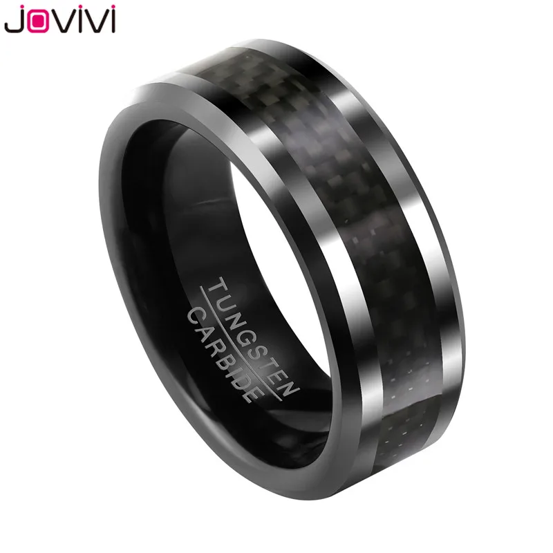 

JOVIVI Latest Style 1pc Mens 8mm Black Carbon Fiber Inlay Tungsten Carbide Ring Wedding Band Polished Finish Edges Comfort Fit