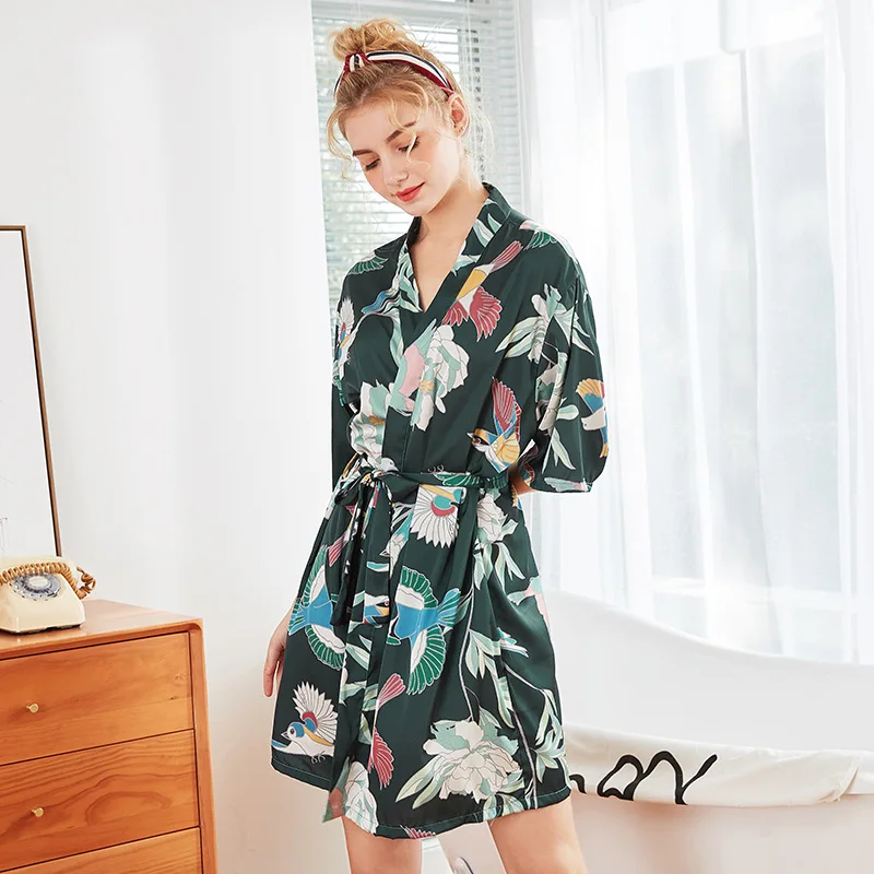 

Green 2019 Summer Women's Sleep Robe Nightgown Yukata Lady Rayon Mini Kimono Bath Gown Sleepwear Bathrobe Pijama Mujer M-XXL