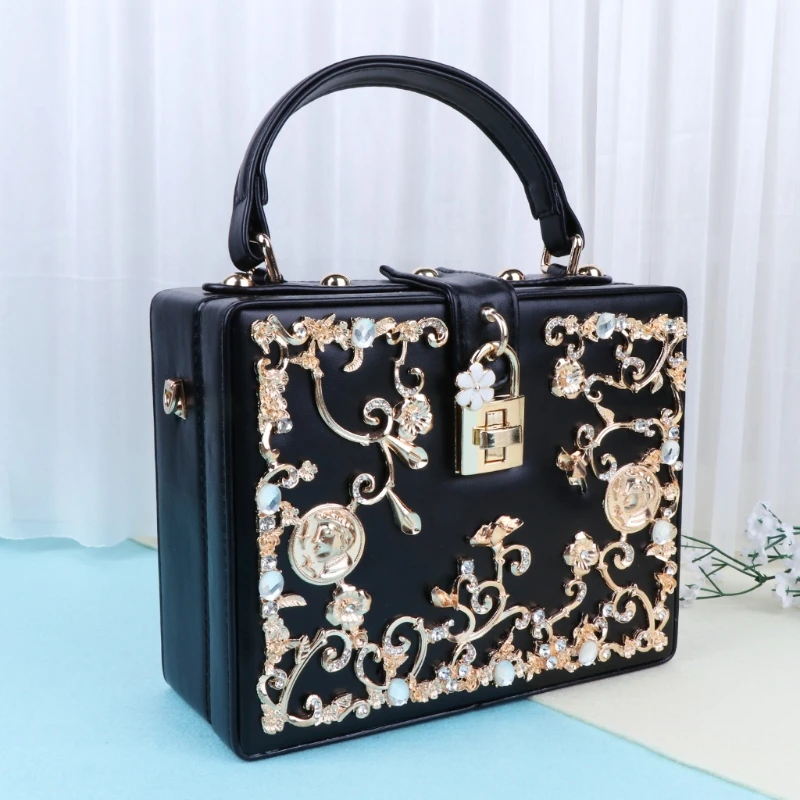 

New 2018 Fashion Women Flowers Carved Hollow Lock Handbag Shoulder Bag Evening Bags