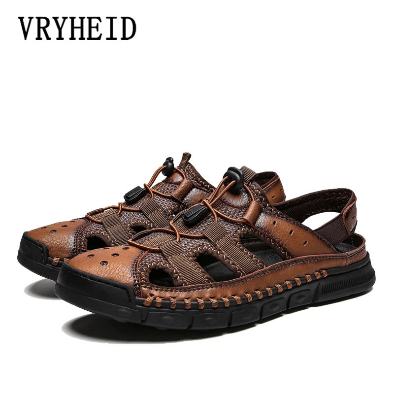 

VRYHEID Brand Classic Men Soft Sandals Comfortable Non-Slip Men Summer Leather Sandals Roman Men beach shoesCasual Big Size38-46