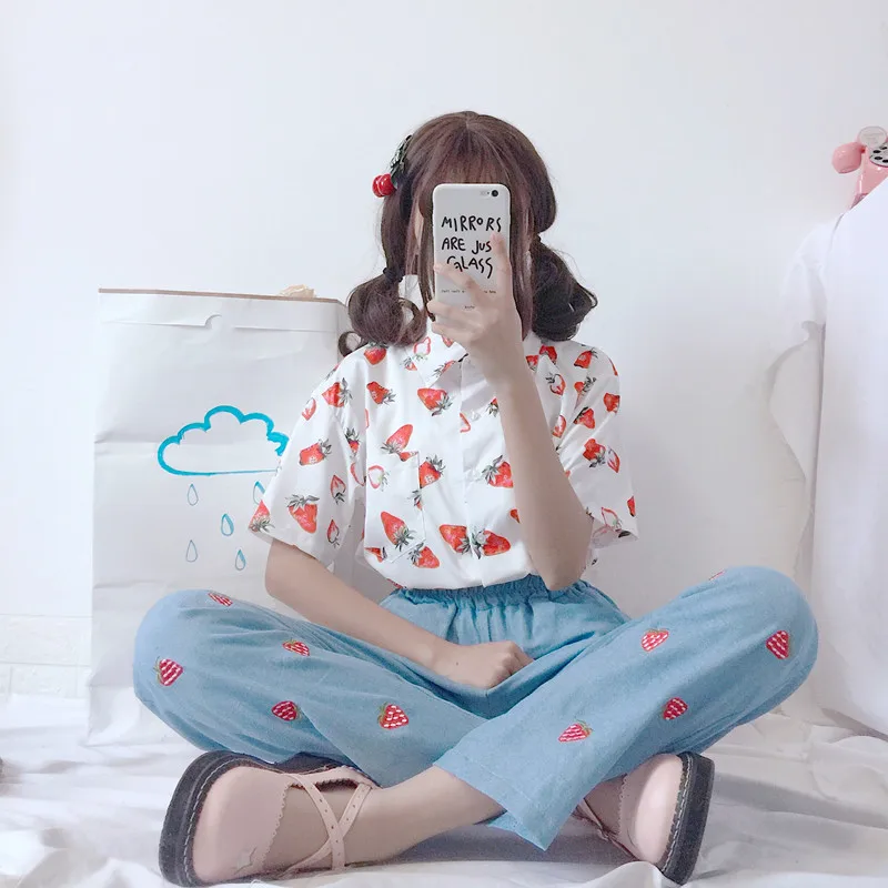 

Women's Shirts Japan Kawaii Ladies Vintage Super Fruit Strawberry Print Shirt Female Korean Punk Harajuku Clothing For Women