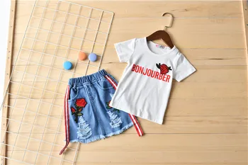 

Baby summer new print short skirt suit rose embroidery short-sleeved T-shirt + denim skirt two-piece suit denim skirt suit