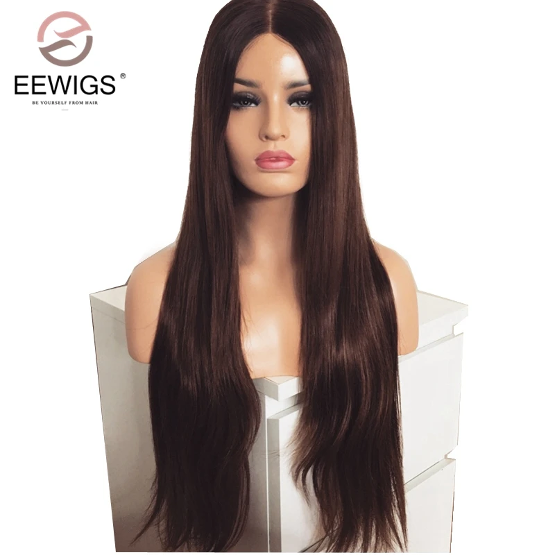 EEWIGS натуральный прямой длинный черный женский синтетический парик на кружеве коричневые волосы парик с термостойким корнем 180 плотность Омбре парик