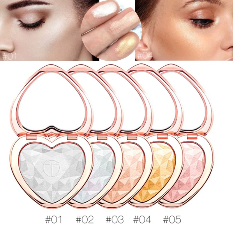 

2019 Hot Shimmer Face Highlighter Makeup Heart Shaped Brighten Cheek Nose Highlight Shining Powder Palette with Mirror Maquiagem