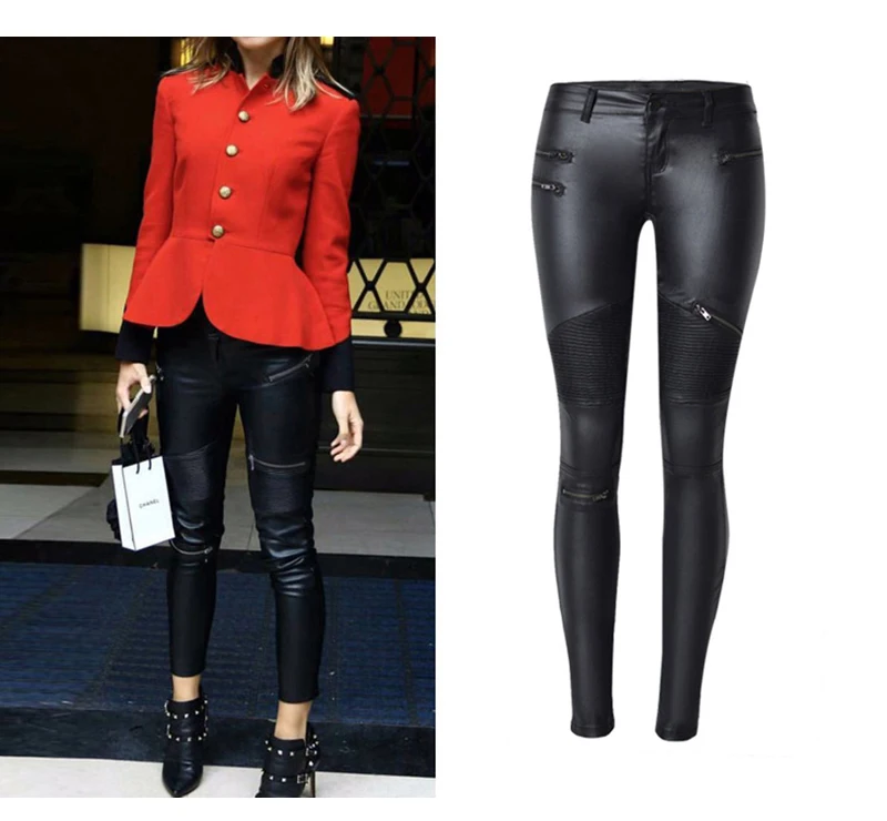 2017 Spring Fashion Women Brand Clothing Sexy Coated Jeans Pants Spliced Faux PU Leather Pants Fitness Lady Long Legging Pants (3)