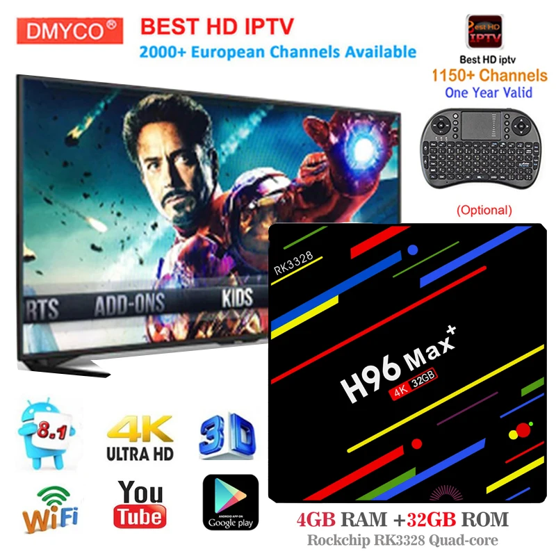 h96 max+ tv box 2018 smart android 8.1 RK3328 Quad Core 4GB RAM 32GB ROM HDR10 USB3.0 WiFi set top box with iptv subscription