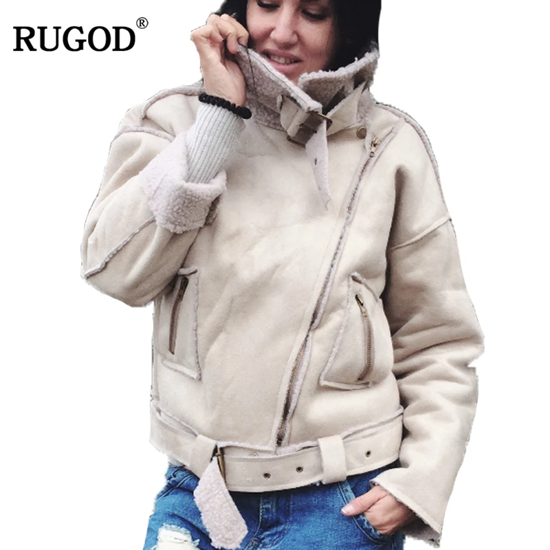 Womens Winter Jackets and Coats Biker Jacket Suede Leather Jacket Lamb Fleece Coat Patchwork Turn-down Collar
